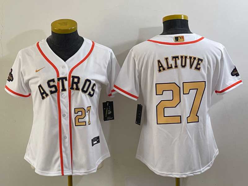 Womens Houston Astros #27 Jose Altuve Number 2023 White Gold World Serise Champions Patch Cool Base Stitched Jerseys